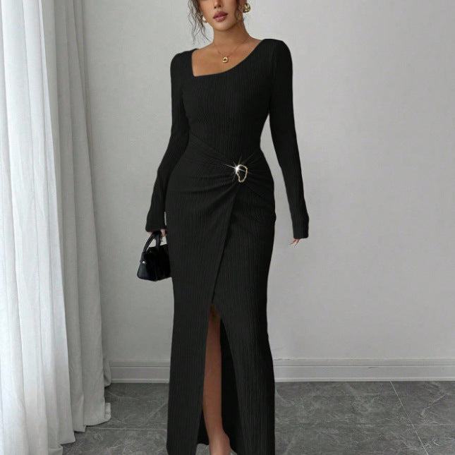 Womens Slim Fit Body Hugging Slit Neck Long Sleeve Knit Dress