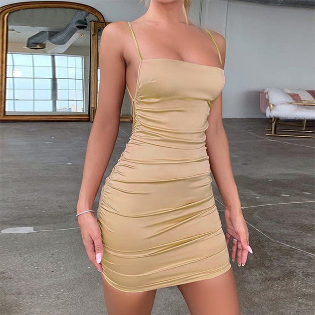 Solid Color Sling Backless Strappy Hip Dress – Sexy Slim Fit