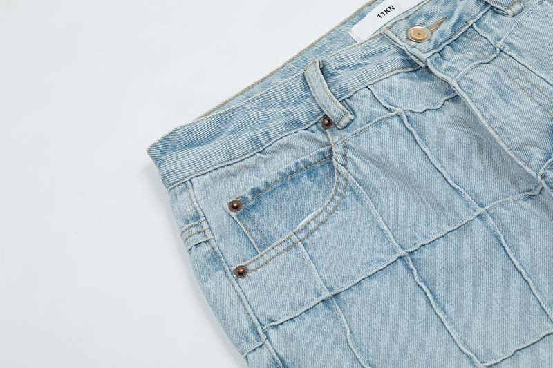 Patchwork Checked Raw Edge Jeans Men's Loose Straight Leg Pants