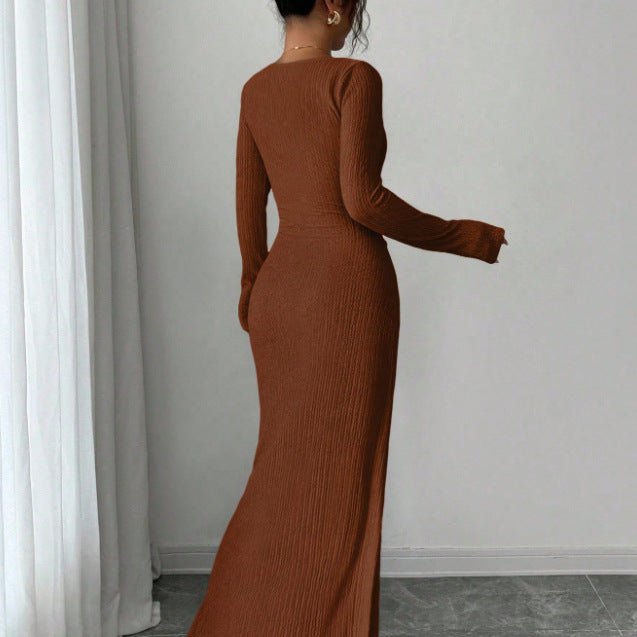 Womens Slim Fit Body Hugging Slit Neck Long Sleeve Knit Dress