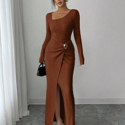 Womens Slim Fit Body Hugging Slit Neck Long Sleeve Knit Dress
