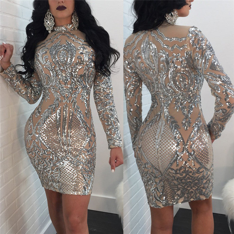 Women’s Nightclub Sexy Sequins Long Sleeve Dress | Party Bodycon Mini Dress