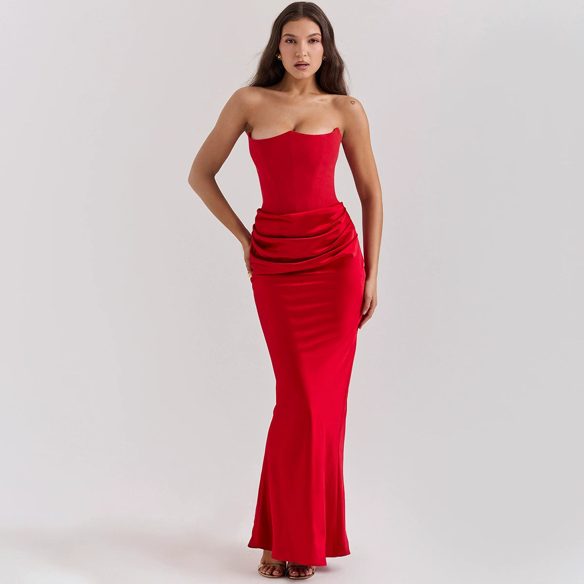New Waist Hip Dress Satin Tube Pleated Stitching