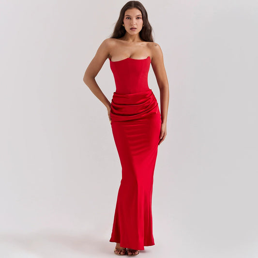 New Waist Hip Dress Satin Tube Pleated Stitching