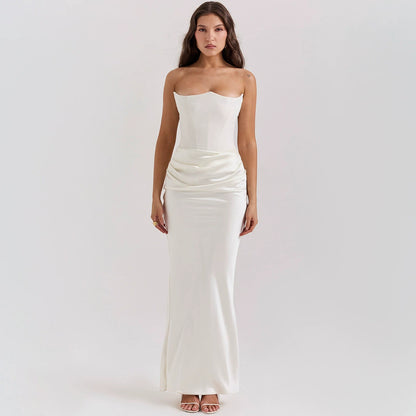 New Waist Hip Dress Satin Tube Pleated Stitching