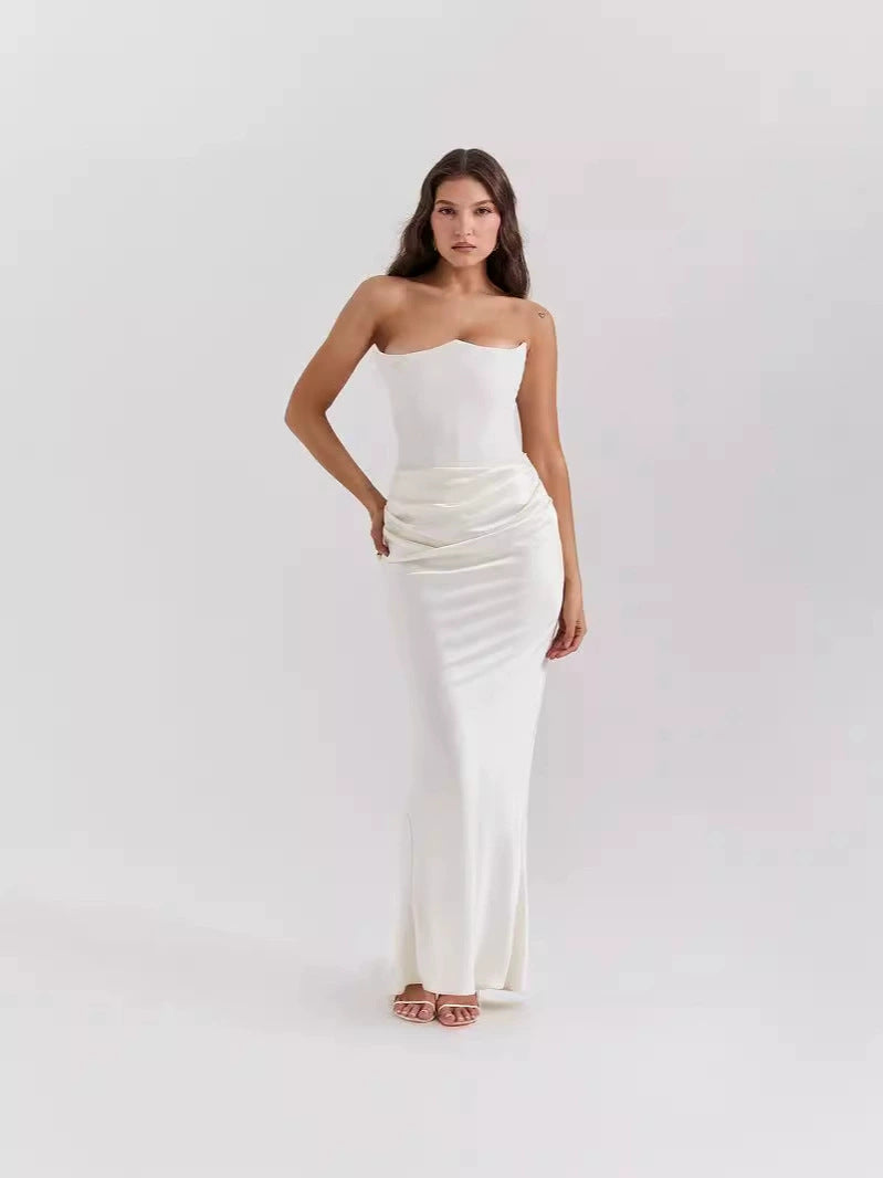New Waist Hip Dress Satin Tube Pleated Stitching
