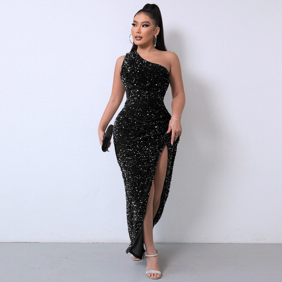 Sexy One-Shoulder Sequin Dress – Sleeveless Solid Color Slit Dress