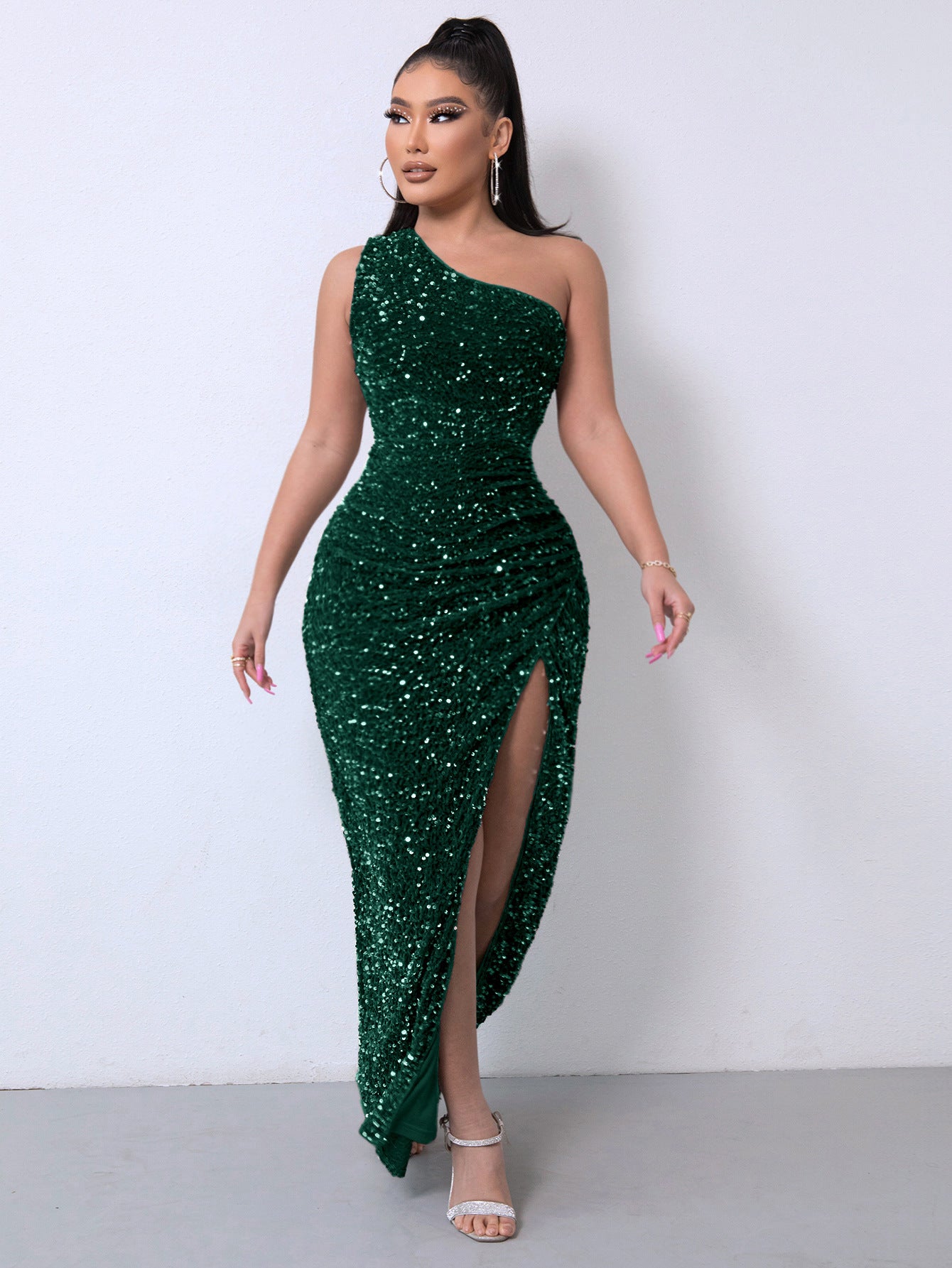 Sexy One-Shoulder Sequin Dress – Sleeveless Solid Color Slit Dress