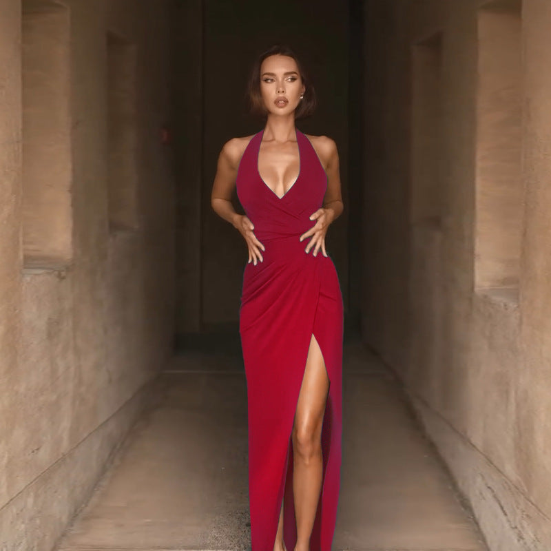 Yl25117Pfo Amazon's Best-Selling Evening Dress, Sexy Slit Halter V-Neck Elegant Banquet Long Dress