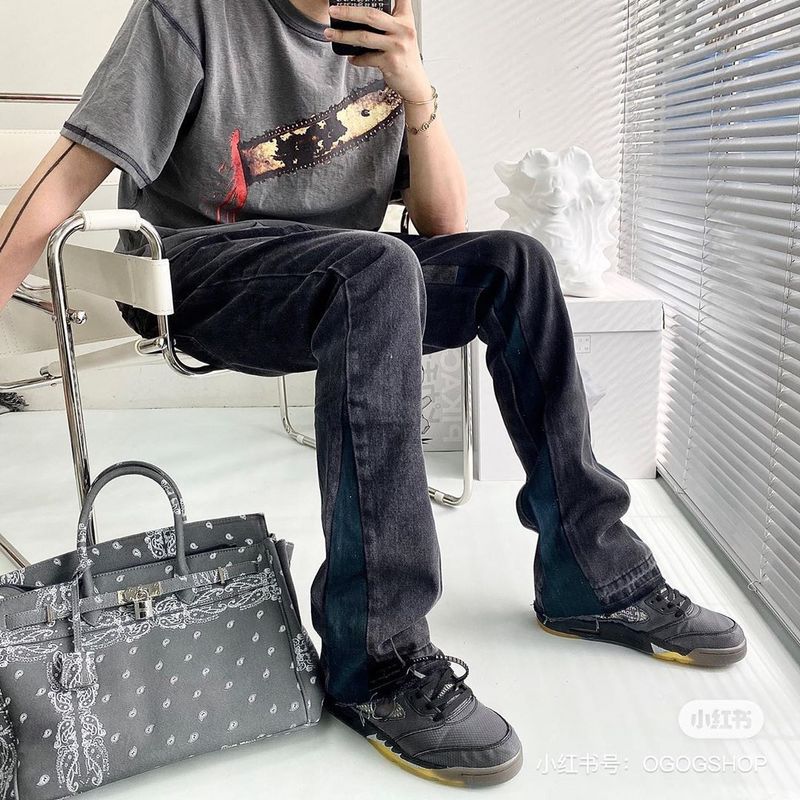 Washed Vibe Style Loose Splicing Micro-Flared Trouser Leg Jeans