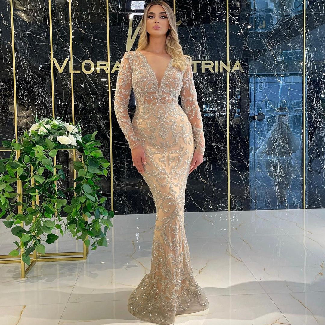 Women’s European & American Style Bronzing Long Sleeve Slim-Fit Evening Dress | Sexy Elegant Maxi Dress