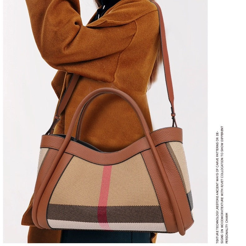 2024 European & American Fashion Large Leather Handbag | Women’s Plaid Cowhide Wings Bag