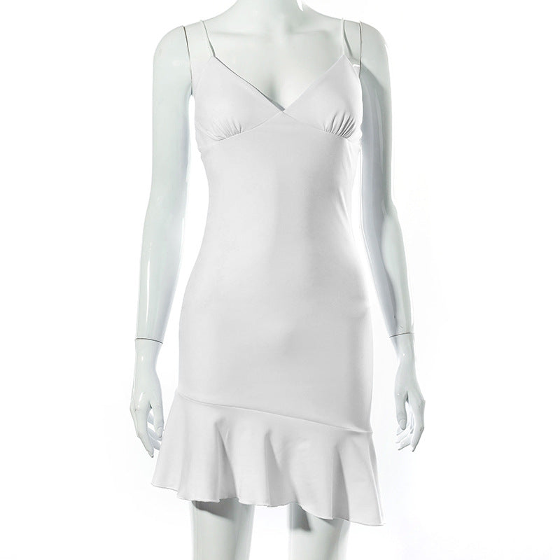 European Beauty Sling Backless Ruffle Mini Dress – Spring/Summer Solid Color Style