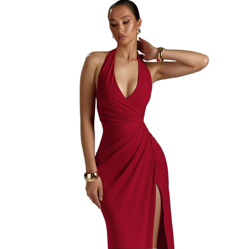 Yl25117Pfo Amazon's Best-Selling Evening Dress, Sexy Slit Halter V-Neck Elegant Banquet Long Dress