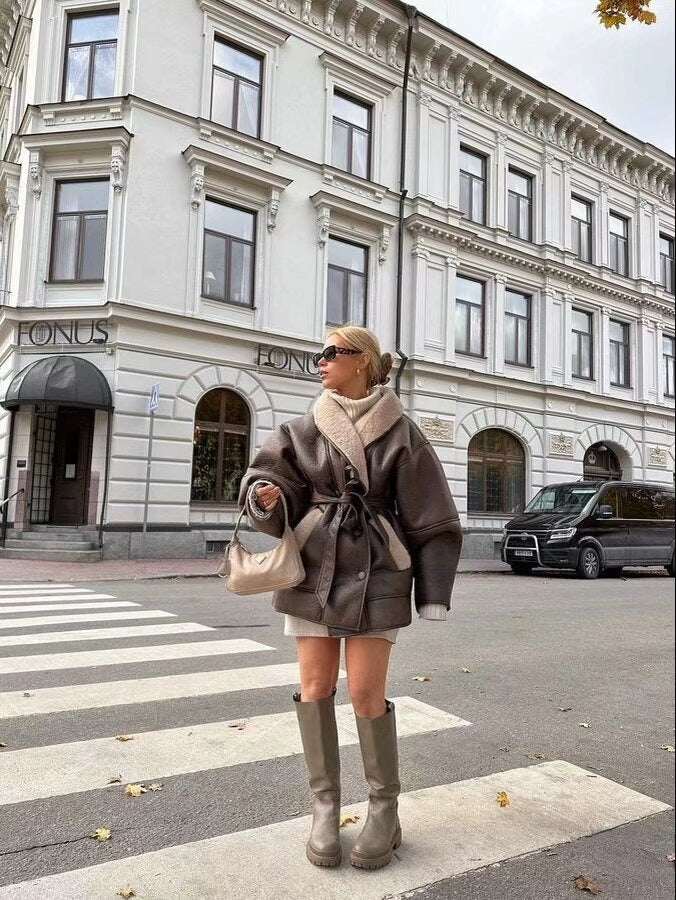 Autumn And Winter New American Street Fashion Style Elegant Contrast Color Design Imitation Leather Jacket Warm Lace-up Mid-length Cotton-padded Coat