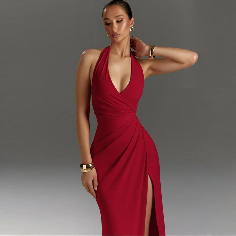Yl25117Pfo Amazon's Best-Selling Evening Dress, Sexy Slit Halter V-Neck Elegant Banquet Long Dress