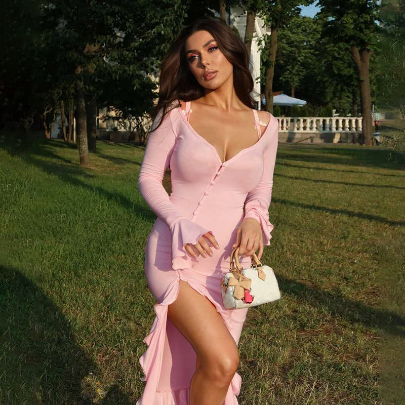 Summer New Fashion Sexy V-Neck Bell Sleeves Ruffled Slit Dress For Women