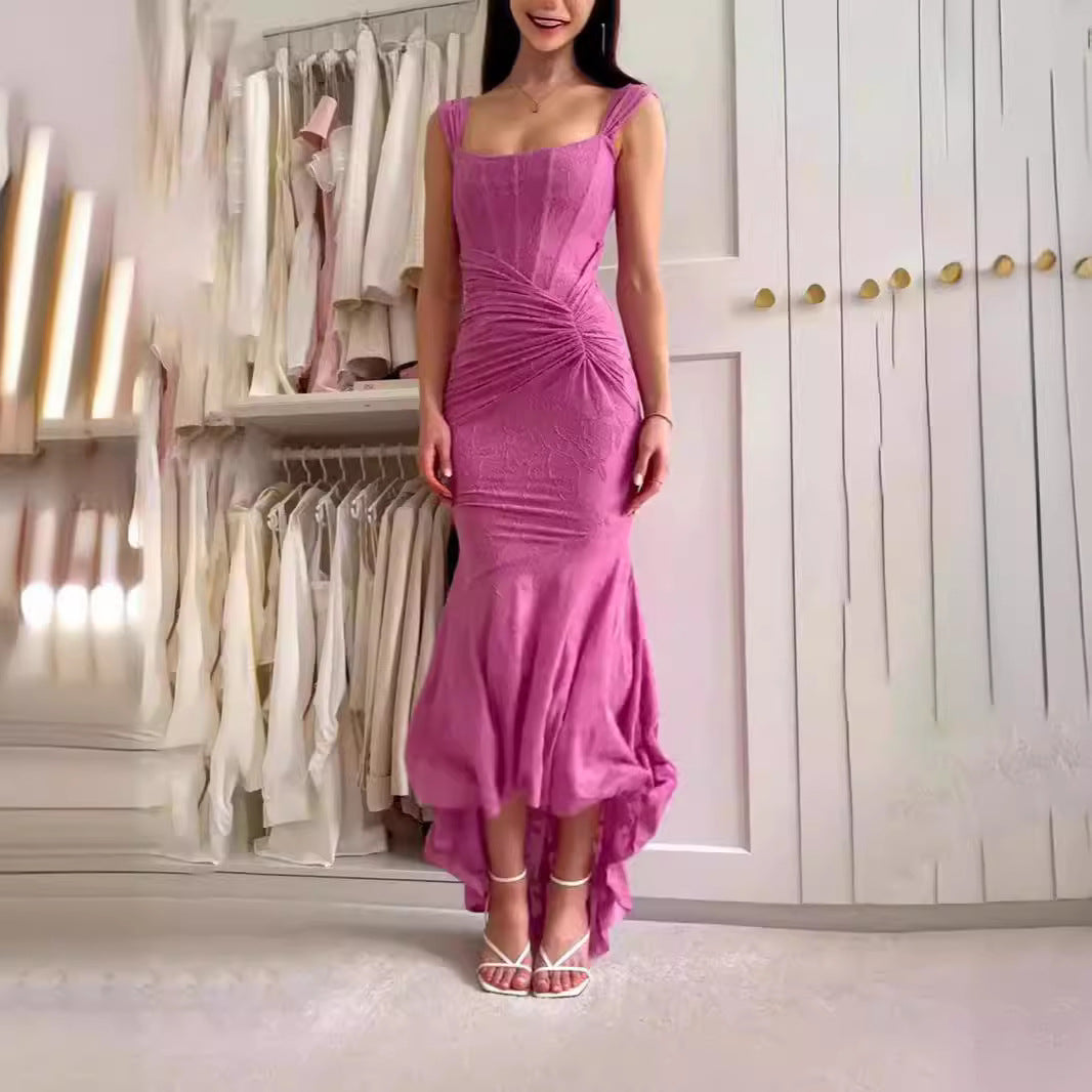 Women’s Pleated Lace Jacquard Strap Dress | Sexy Socialite Niche Design Dress