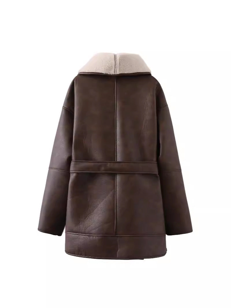 Autumn And Winter New American Street Fashion Style Elegant Contrast Color Design Imitation Leather Jacket Warm Lace-up Mid-length Cotton-padded Coat
