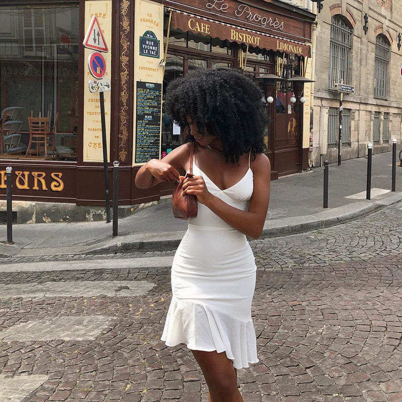 European Beauty Sling Backless Ruffle Mini Dress – Spring/Summer Solid Color Style
