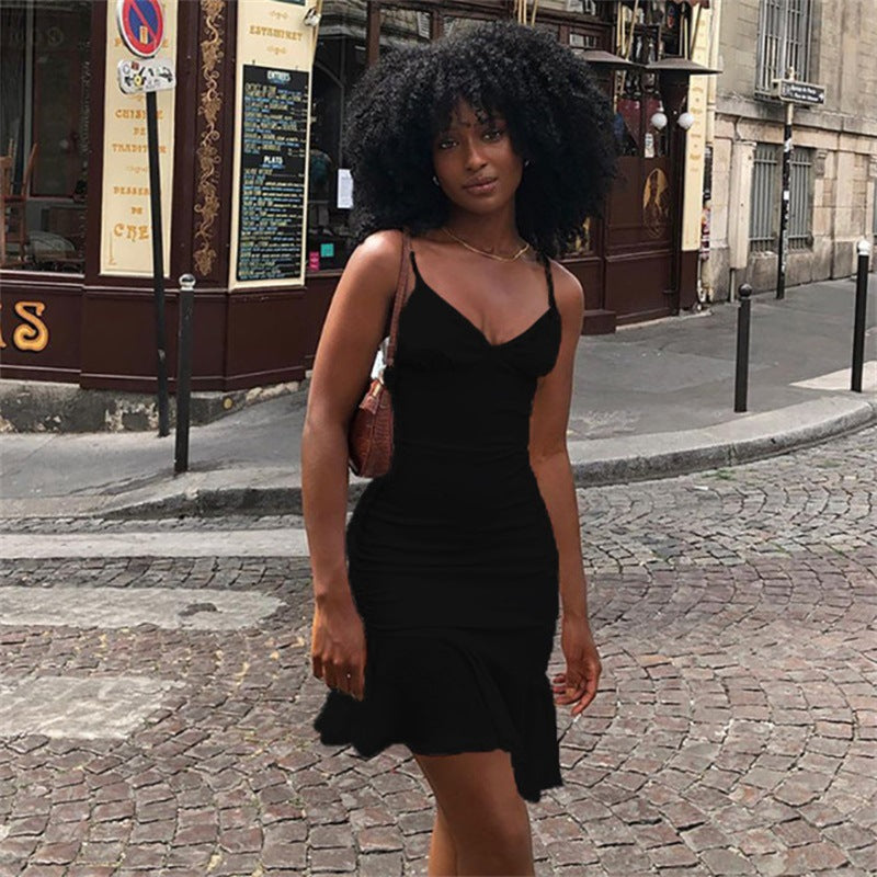 European Beauty Sling Backless Ruffle Mini Dress – Spring/Summer Solid Color Style