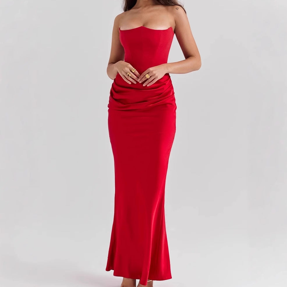 2025 Europe And The United States Cross-border Spring And Summer New Waist Hip Dress Satin Tube Pleated Stitching Dress Women's Clothing