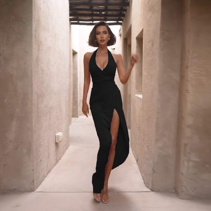 Yl25117Pfo Amazon's Best-Selling Evening Dress, Sexy Slit Halter V-Neck Elegant Banquet Long Dress