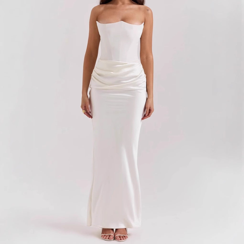 2025 Europe And The United States Cross-border Spring And Summer New Waist Hip Dress Satin Tube Pleated Stitching Dress Women's Clothing