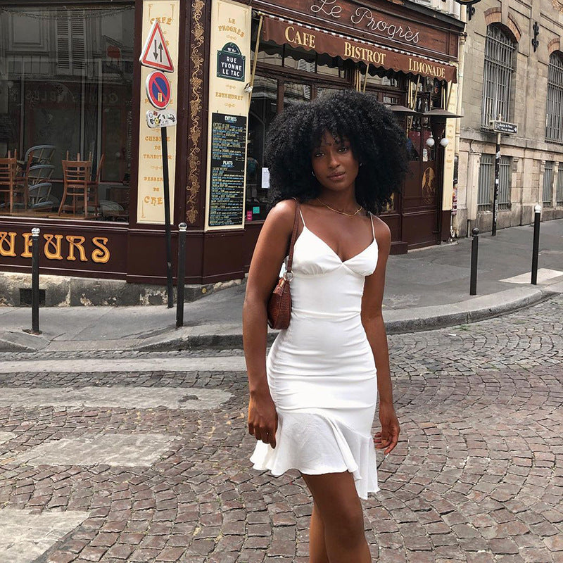European Beauty Sling Backless Ruffle Mini Dress – Spring/Summer Solid Color Style