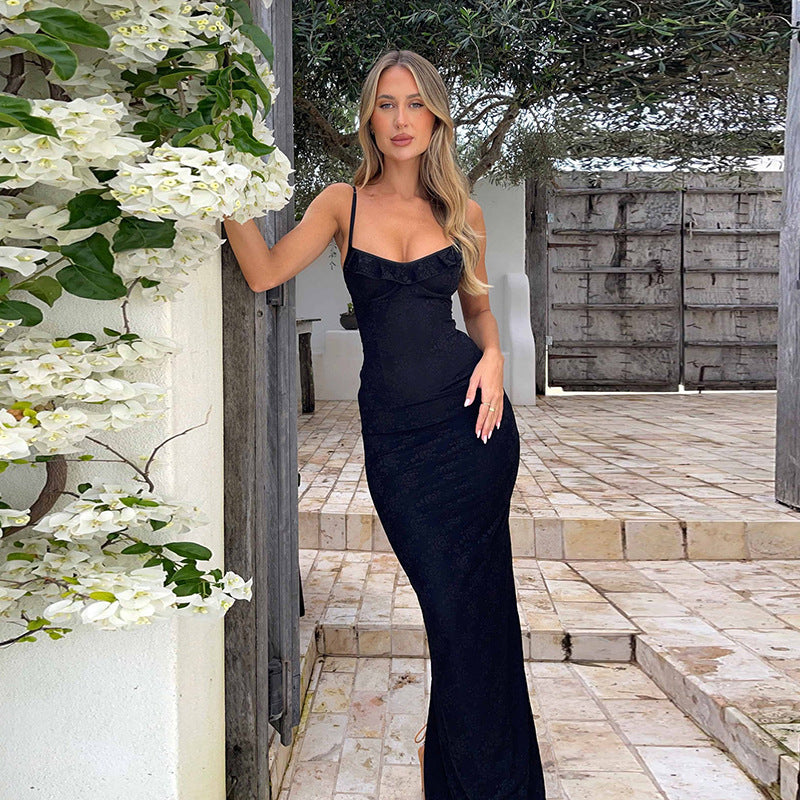 Women’s Solid Color Backless Sling Dress | Split Design Polyester Slim-Fit Dress