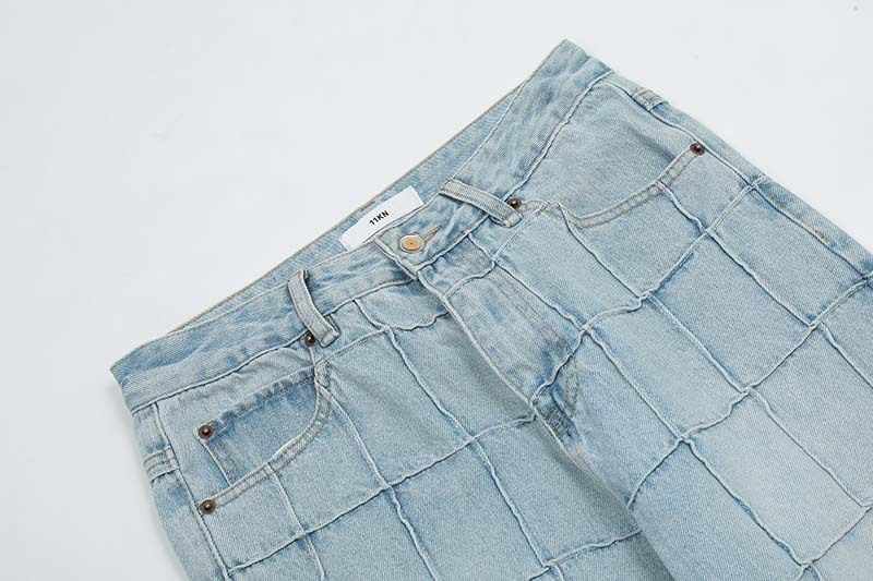 Patchwork Checked Raw Edge Jeans Men's Loose Straight Leg Pants