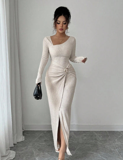 Womens Slim Fit Body Hugging Slit Neck Long Sleeve Knit Dress