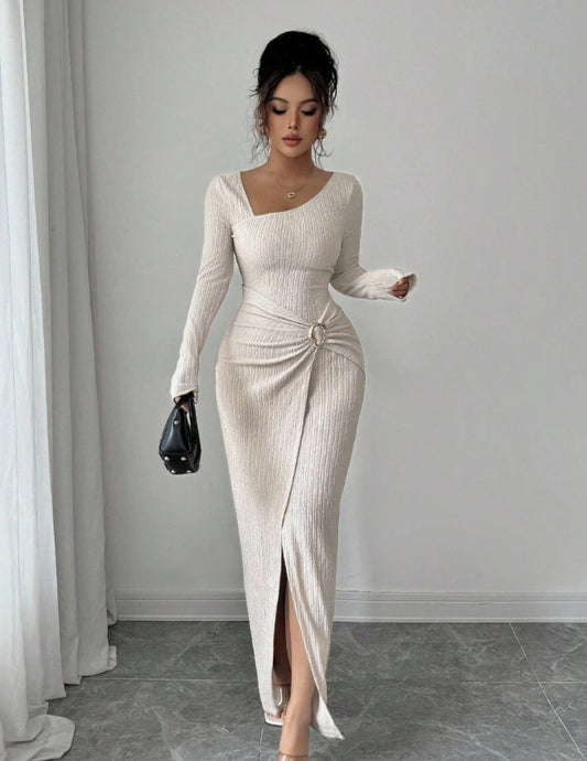 Womens Slim Fit Body Hugging Slit Neck Long Sleeve Knit Dress